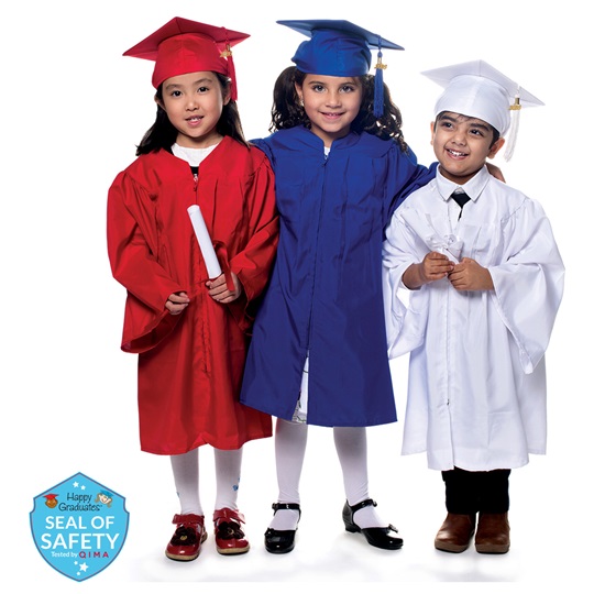 Child's EZ Matte Graduation Set by Rhyme University, EZ Matte Gown + Cap + Tassel + Brass Charm, red gown, blue gown, White gown, Sizes: S, M, L