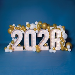 Light-up 2025 Marquee Numbers Kit with Gold and White Balloons, 6 Feet High